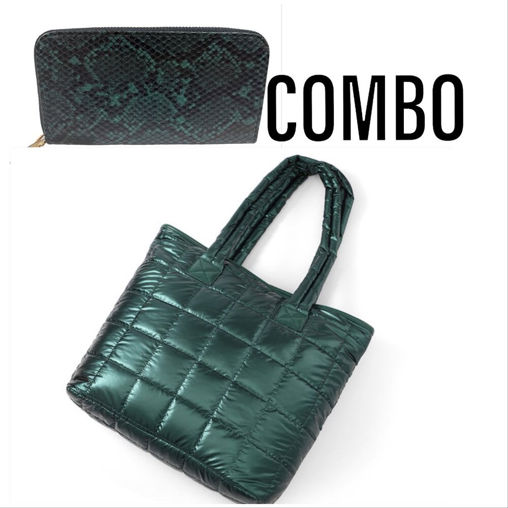 Green Quilted Puffer Tote & Animal Print Puffy Wallet - Combo - Special - NWT